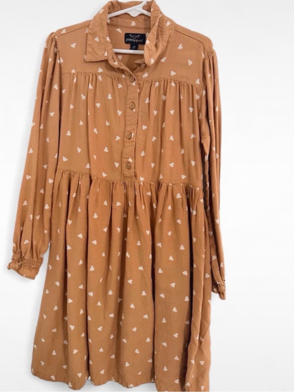 Girls' Tan Heart-Print Tiered Button-Front Dress